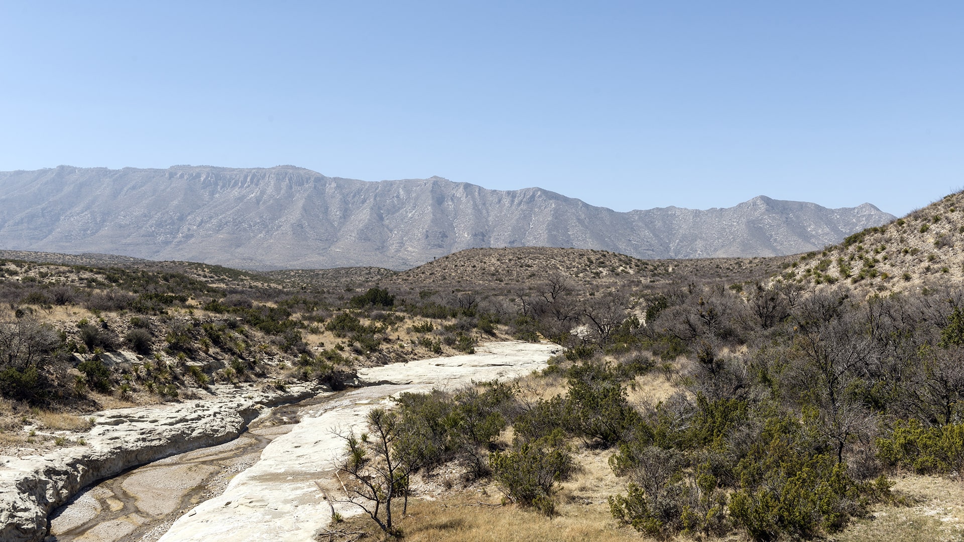 Title: A dry wash in the high country to the east of Guadalupe Mountains National Park, which is split between Hudspeth and Culberson counties in Texas, along the New Mexico border. Library of Congress via Wiki Commons.